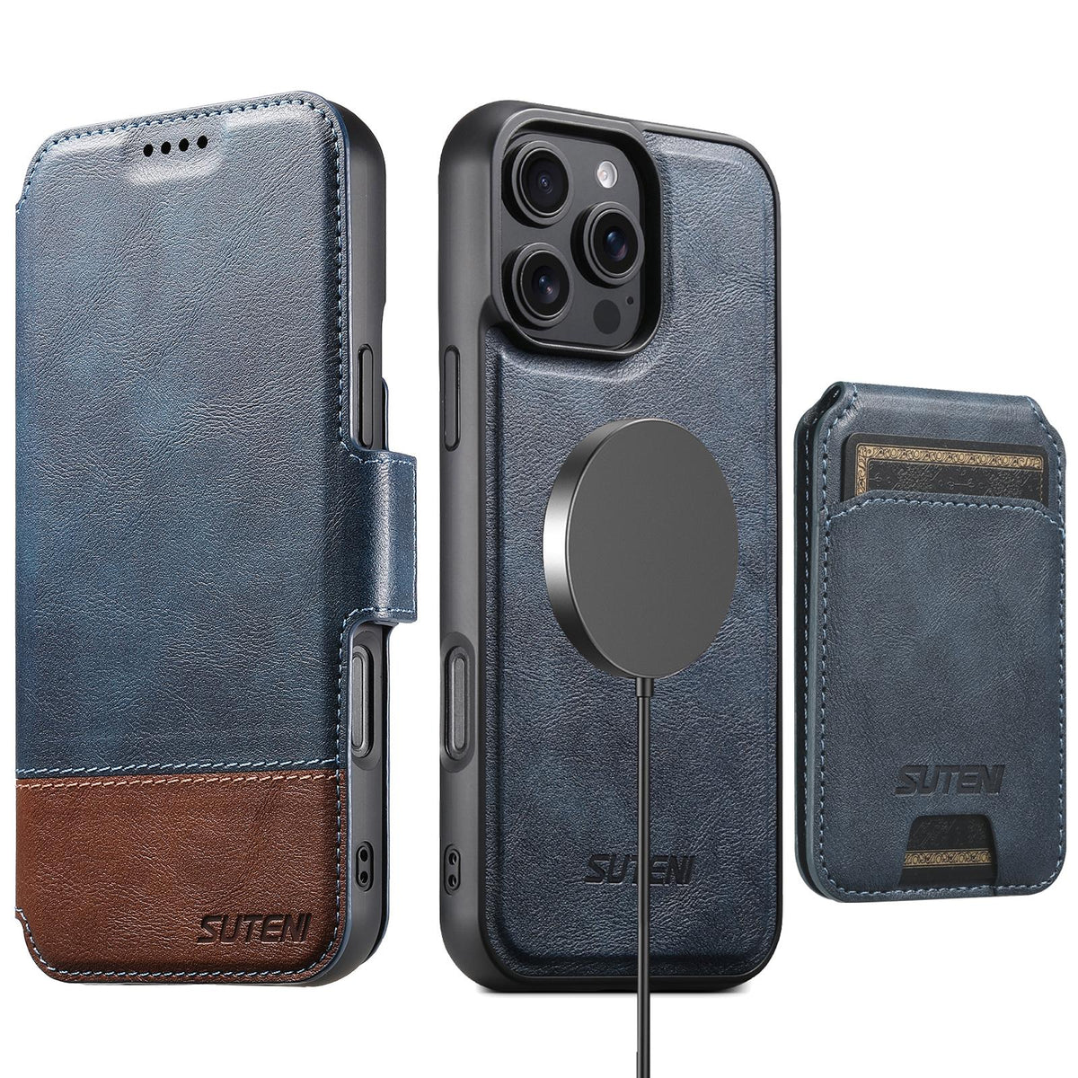 Compatible with iPhone 18 Pro Max Suteni Q06S2 3-in-1 Detachable Vertical Flip Wallet MagSafe Splicing Leather Phone Case - Blue