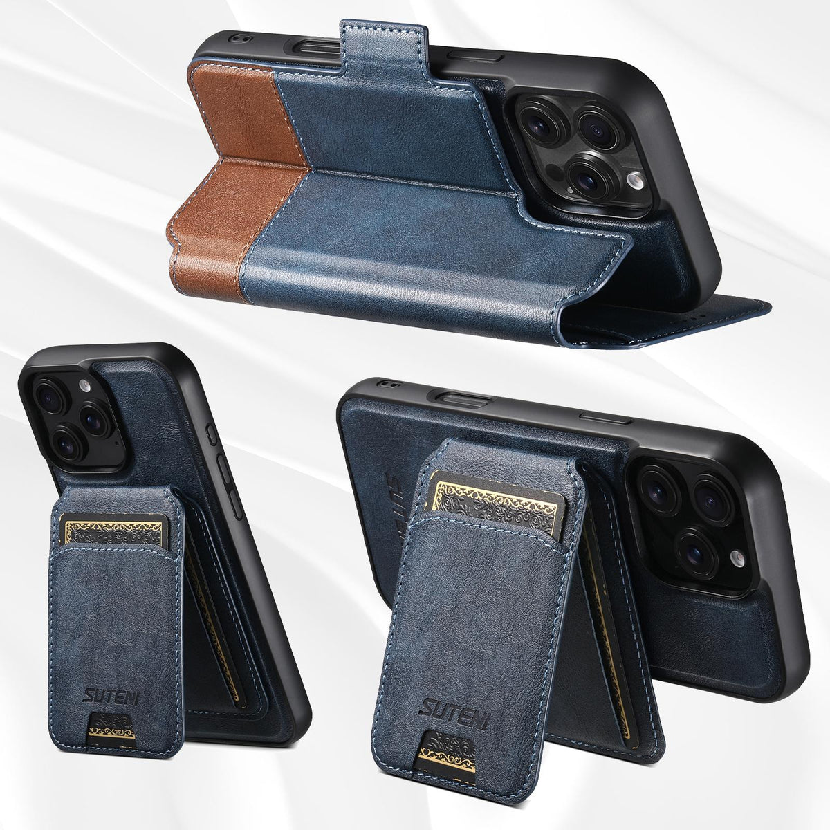 Compatible with iPhone 18 Pro Max Suteni Q06S2 3-in-1 Detachable Vertical Flip Wallet MagSafe Splicing Leather Phone Case - Blue
