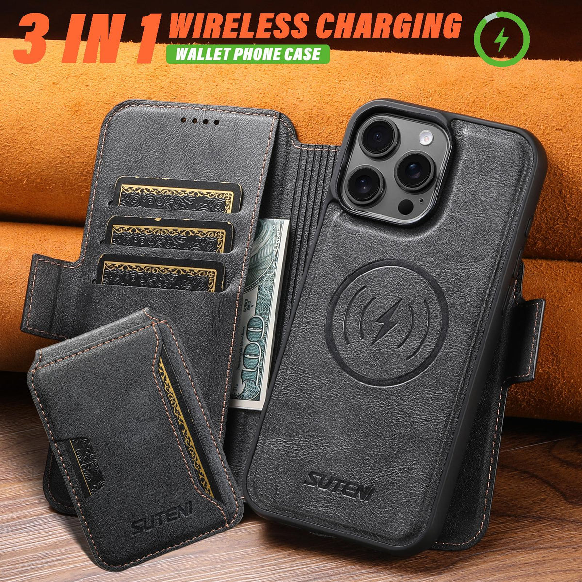 Compatible with iPhone 18 Pro Max Suteni Q06S3 3-in-1 Splicing Detachable Vertical Flip Wallet MagSafe Leather Phone Case - Black