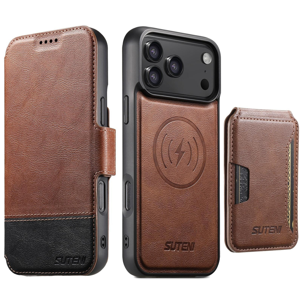 Compatible with iPhone 18 Pro Max Suteni Q06S3 3-in-1 Splicing Detachable Vertical Flip Wallet MagSafe Leather Phone Case - Brown