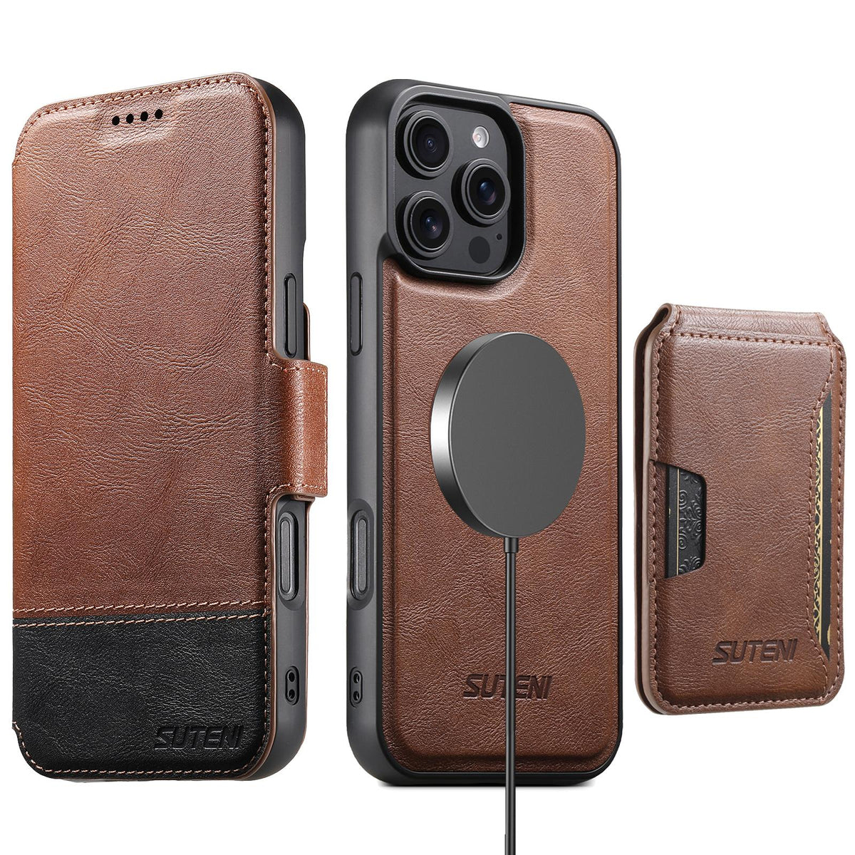Compatible with iPhone 18 Pro Max Suteni Q06S3 3-in-1 Splicing Detachable Vertical Flip Wallet MagSafe Leather Phone Case - Brown