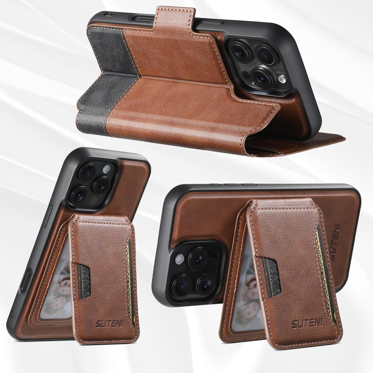 Compatible with iPhone 18 Pro Max Suteni Q06S3 3-in-1 Splicing Detachable Vertical Flip Wallet MagSafe Leather Phone Case - Brown
