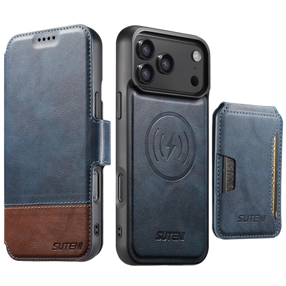 Compatible with iPhone 18 Pro Max Suteni Q06S3 3-in-1 Splicing Detachable Vertical Flip Wallet MagSafe Leather Phone Case - Blue