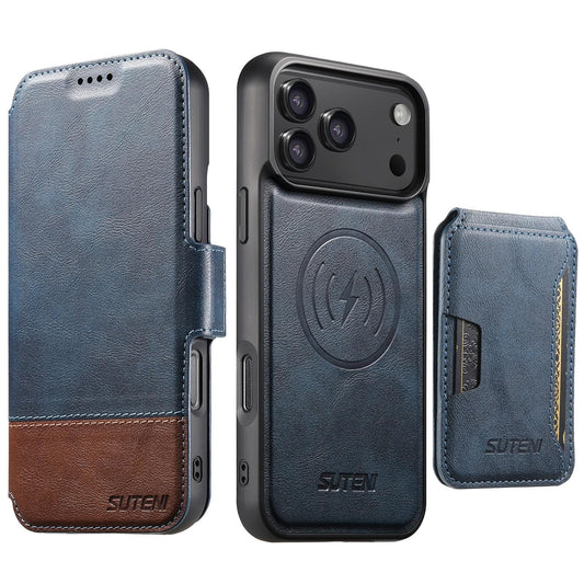 Compatible with iPhone 18 Pro Max Suteni Q06S3 3-in-1 Splicing Detachable Vertical Flip Wallet MagSafe Leather Phone Case - Blue