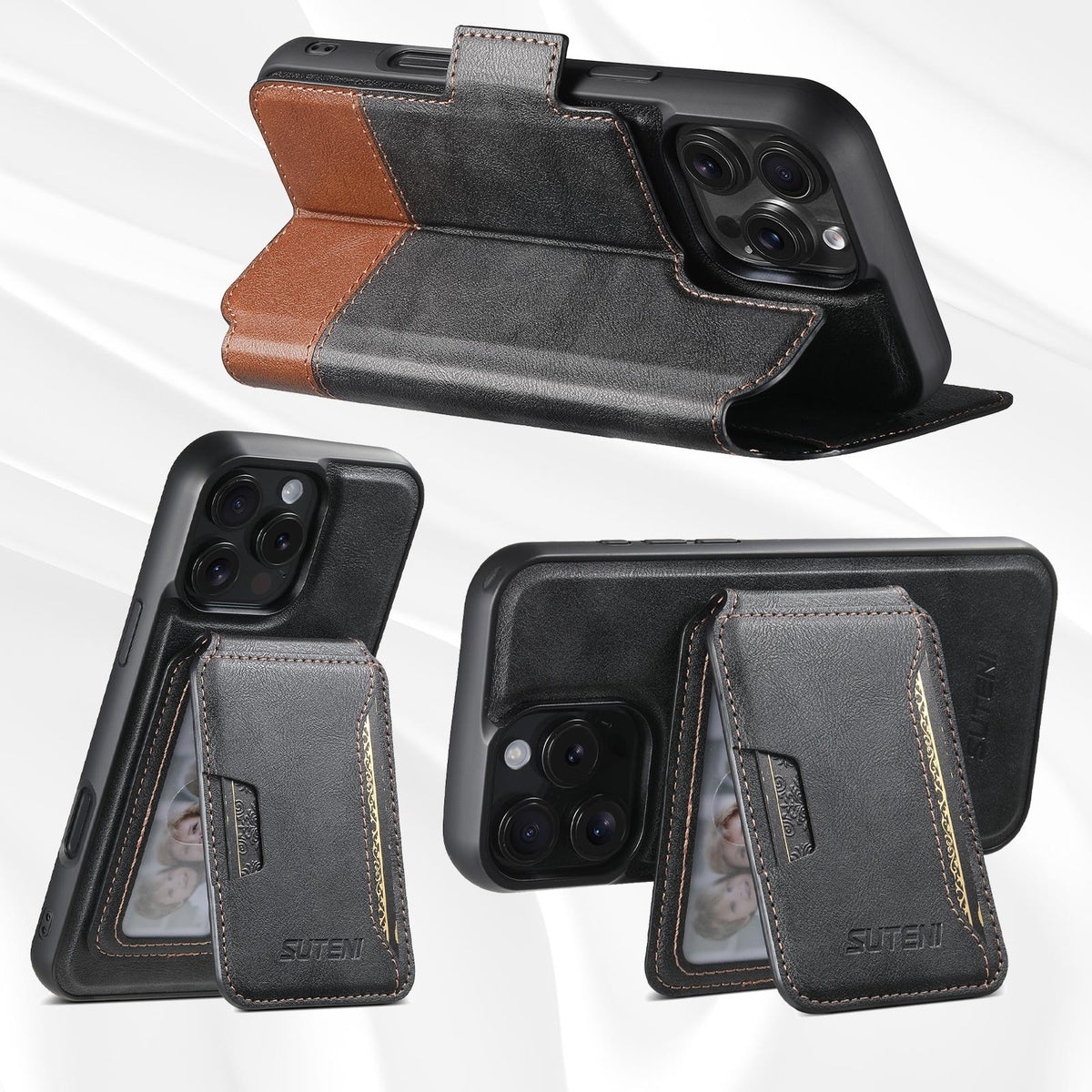 Compatible with iPhone 18 Pro Suteni Q06S3 3-in-1 Splicing Detachable Vertical Flip Wallet MagSafe Leather Phone Case - Black
