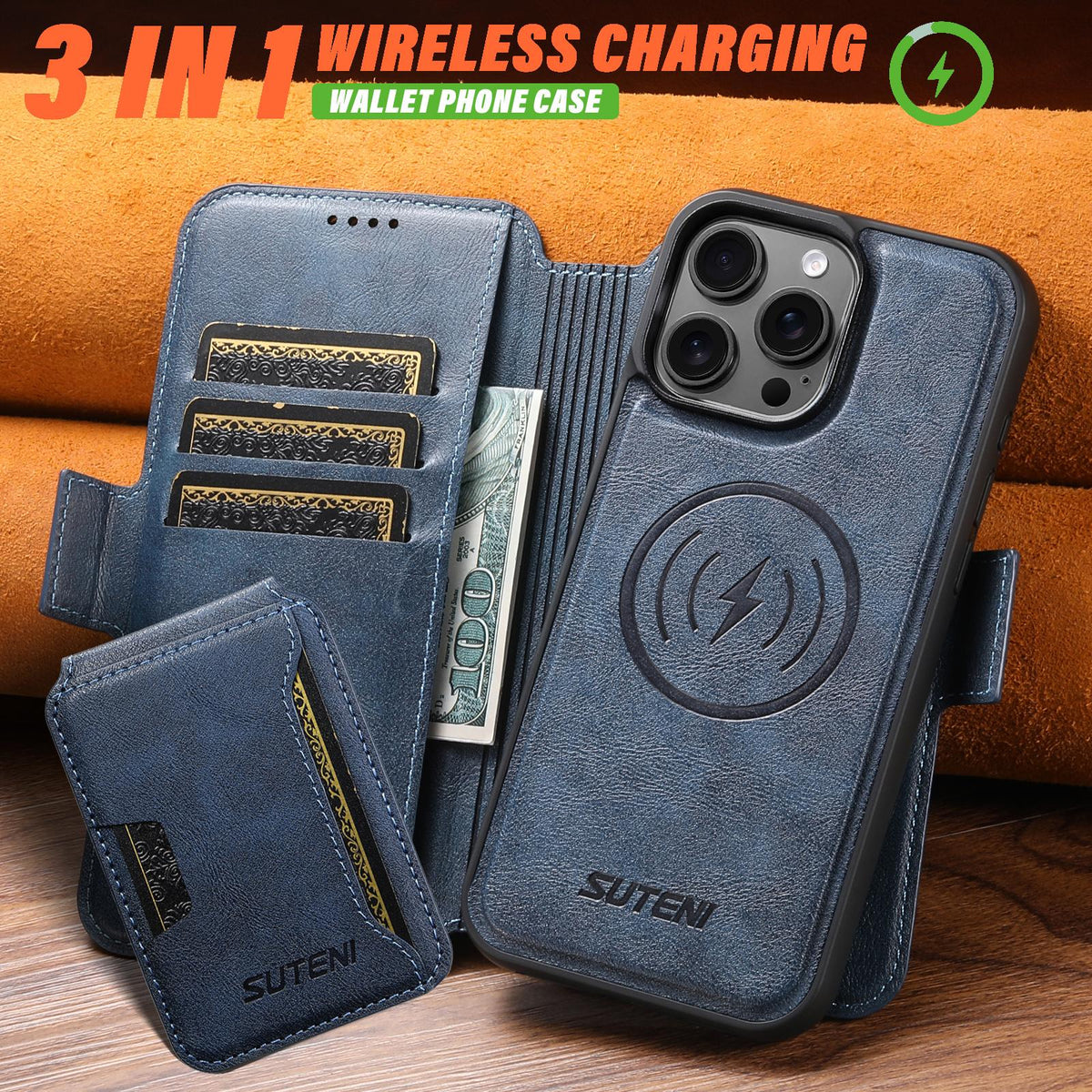 Compatible with iPhone 18 Pro Suteni Q06S3 3-in-1 Splicing Detachable Vertical Flip Wallet MagSafe Leather Phone Case - Blue