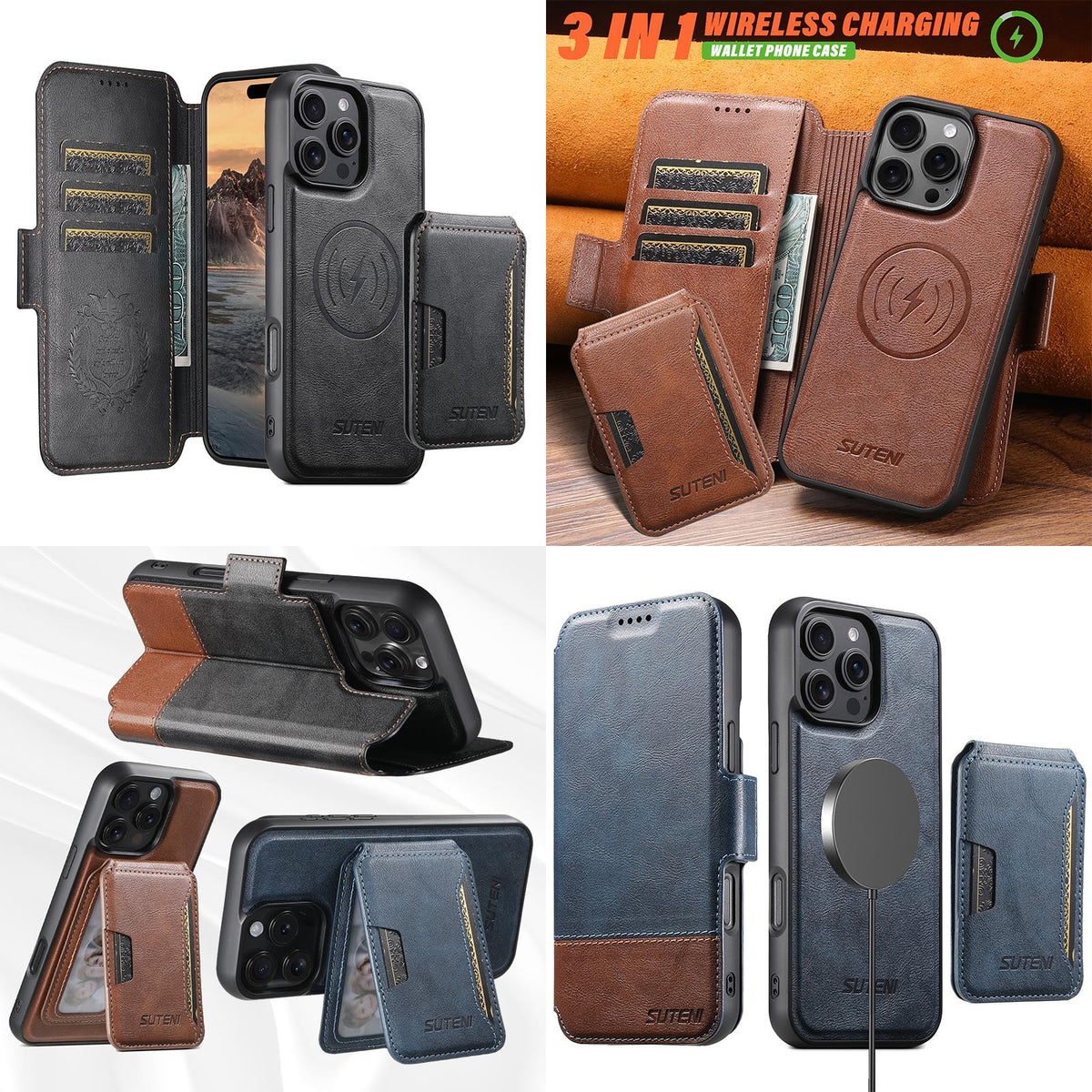 Compatible with iPhone 18 Pro Suteni Q06S3 3-in-1 Splicing Detachable Vertical Flip Wallet MagSafe Leather Phone Case - Black