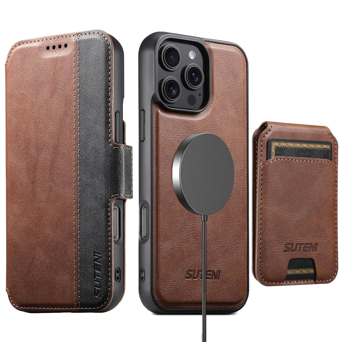 Compatible with iPhone 18 Pro Max Suteni Q07S2 3-in-1 Detachable Vertical Flip Wallet MagSafe Splicing Leather Phone Case - Brown