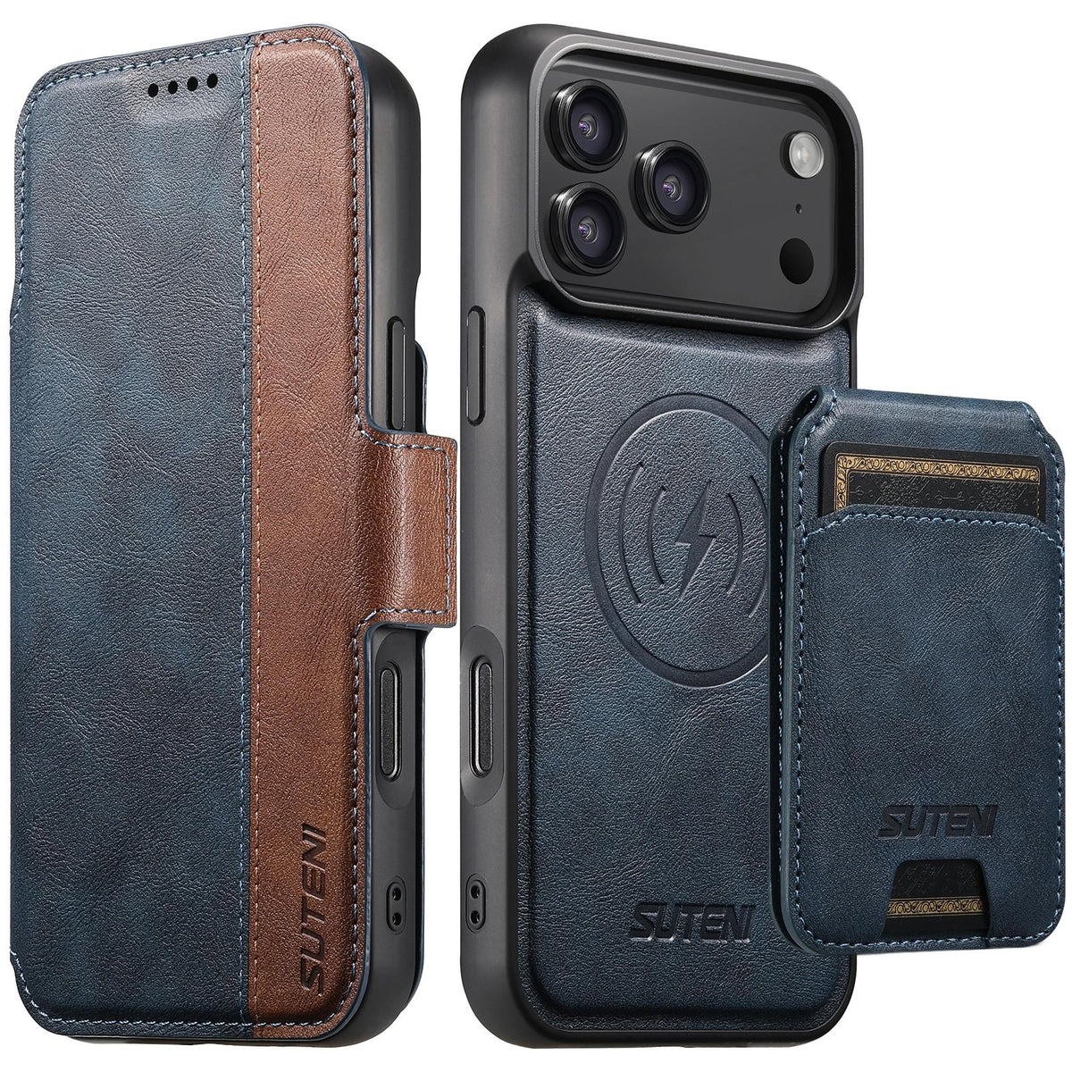 Compatible with iPhone 18 Pro Max Suteni Q07S2 3-in-1 Detachable Vertical Flip Wallet MagSafe Splicing Leather Phone Case - Blue