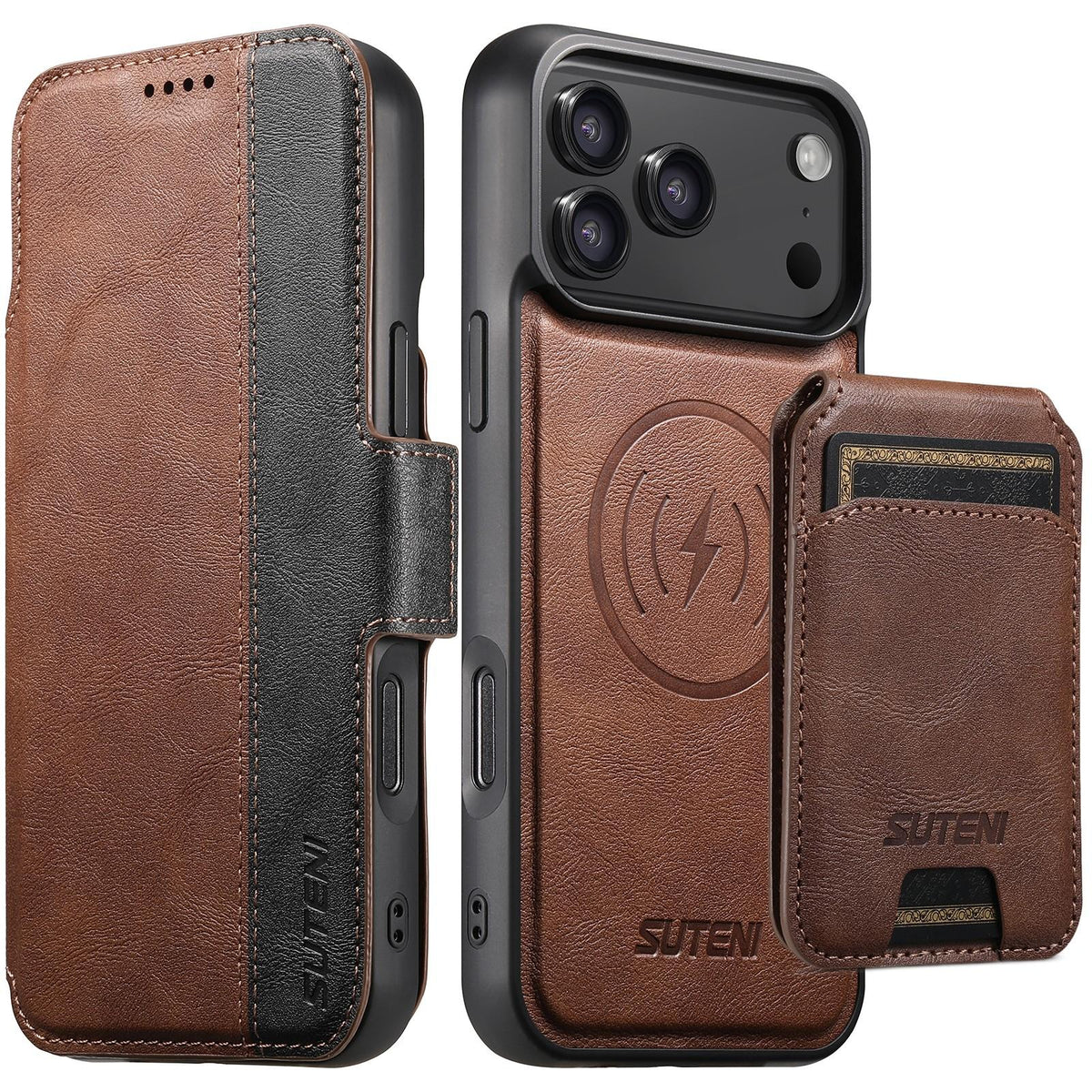 Compatible with iPhone 18 Pro Suteni Q07S2 3-in-1 Detachable Vertical Flip Wallet MagSafe Splicing Leather Phone Case - Brown