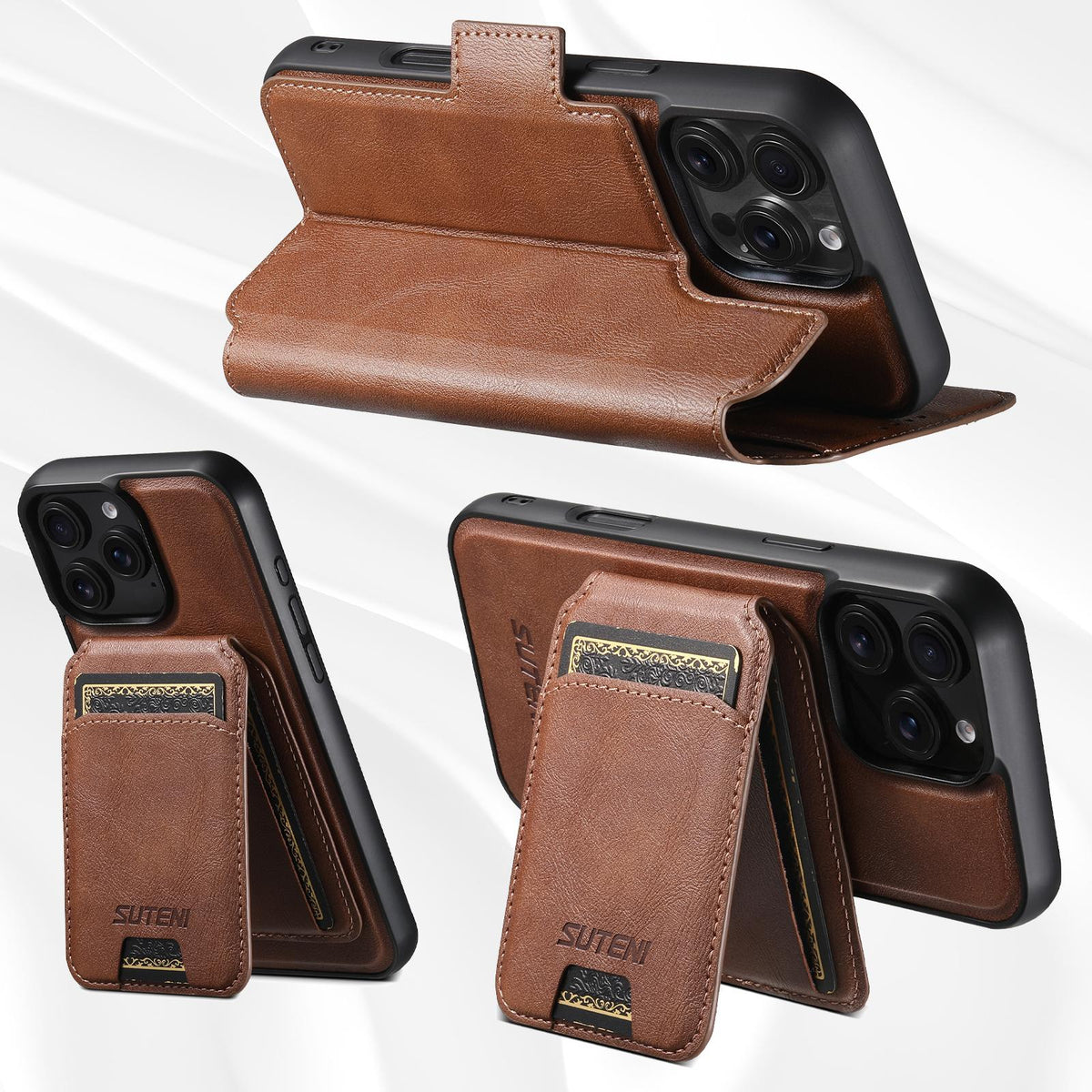Compatible with iPhone 18 Pro Suteni Q07S2 3-in-1 Detachable Vertical Flip Wallet MagSafe Splicing Leather Phone Case - Brown
