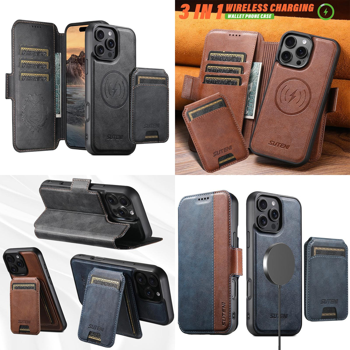 Compatible with iPhone 18 Pro Suteni Q07S2 3-in-1 Detachable Vertical Flip Wallet MagSafe Splicing Leather Phone Case - Blue