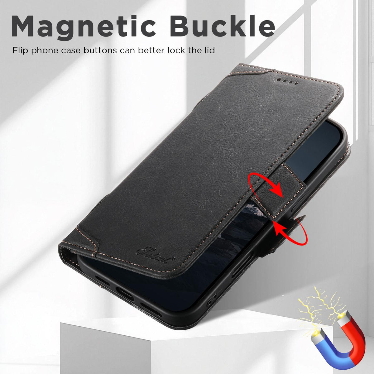 Compatible with iPhone 18 Pro Max SUTENI J07 Multifunctional Horizontal Flip Magsafe Leather Phone Case - Black