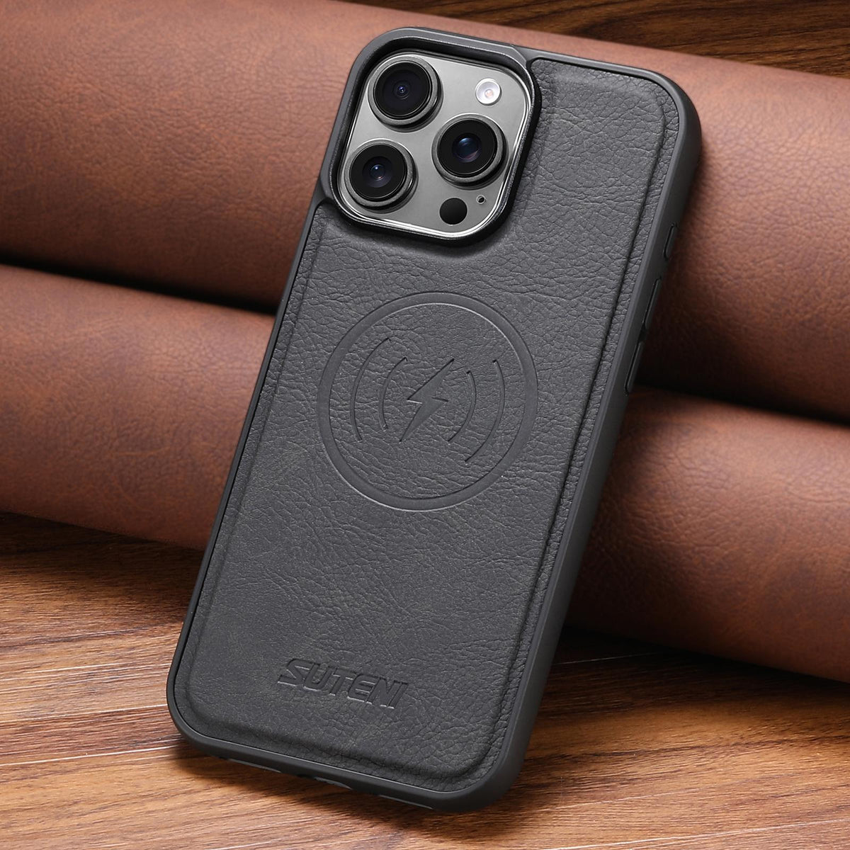 Compatible with iPhone 18 Pro Max Suteni G5 Litchi Leather Magnetic MagSafe Phone Case - Black