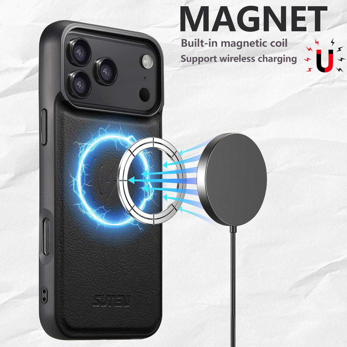 Compatible with iPhone 18 Pro Max Suteni G5 Litchi Leather Magnetic MagSafe Phone Case - Black