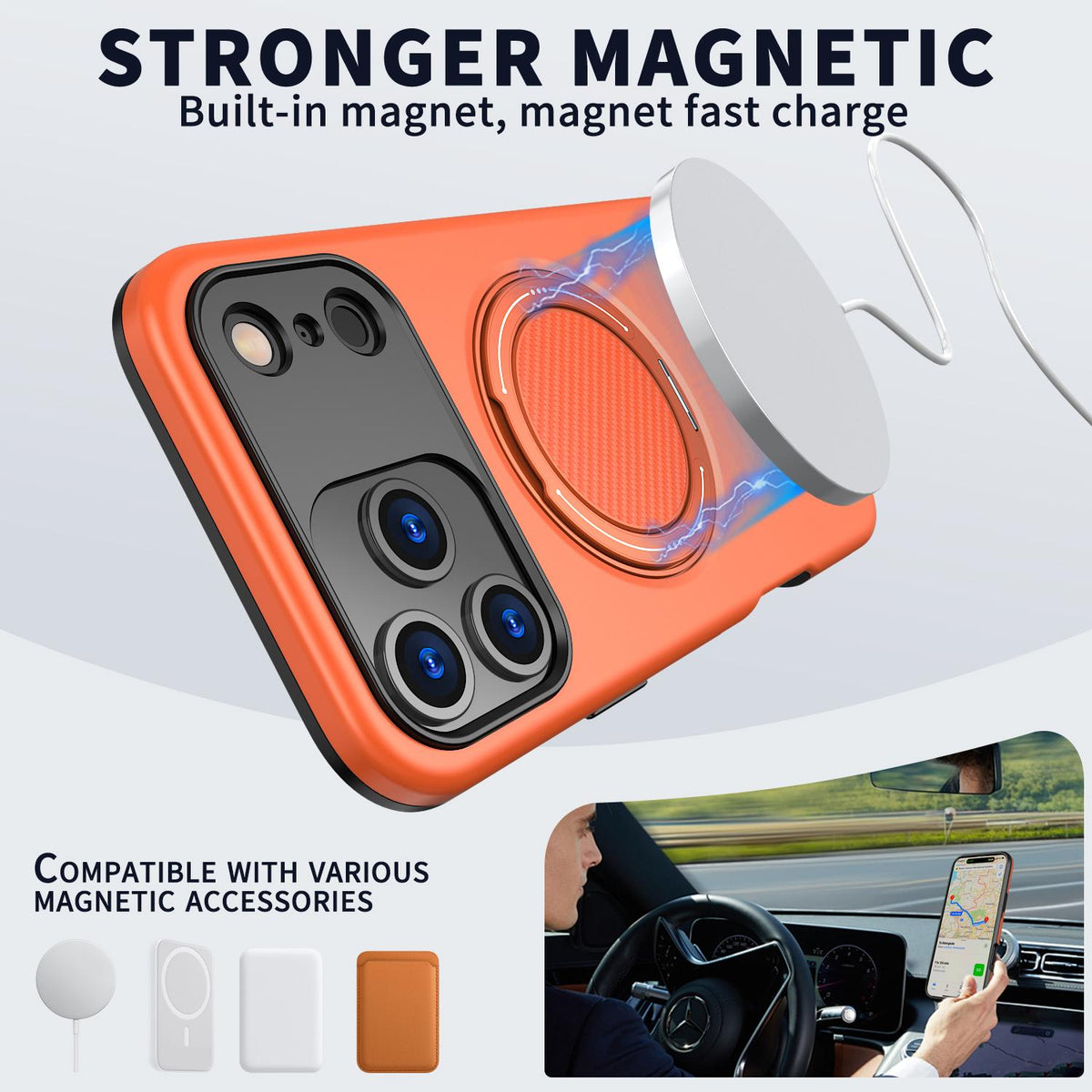 Compatible with iPhone 18 Pro Max Kalebol Magnetic MagSafe Rotation Holder PC Phone Case - Orange