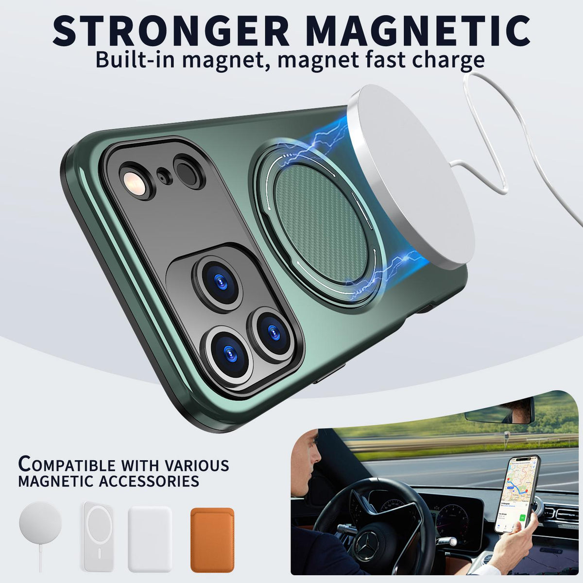 Compatible with iPhone 18 Pro Max Kalebol Magnetic MagSafe Rotation Holder PC Phone Case - Grey Green