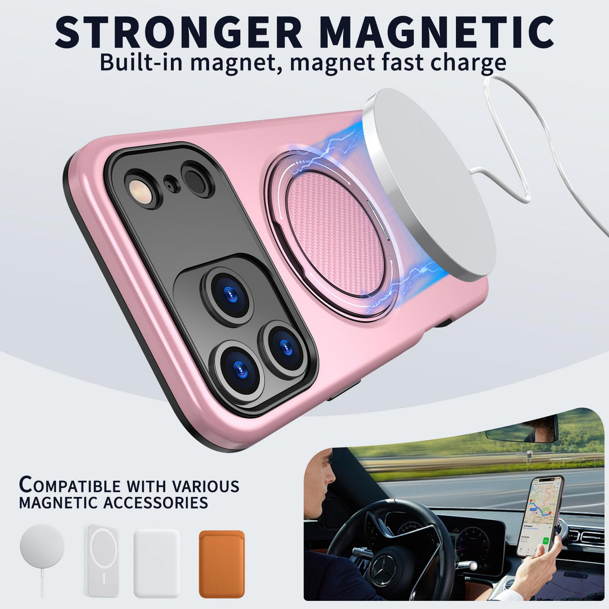 Compatible with iPhone 18 Pro Max Kalebol Magnetic MagSafe Rotation Holder PC Phone Case - Pink