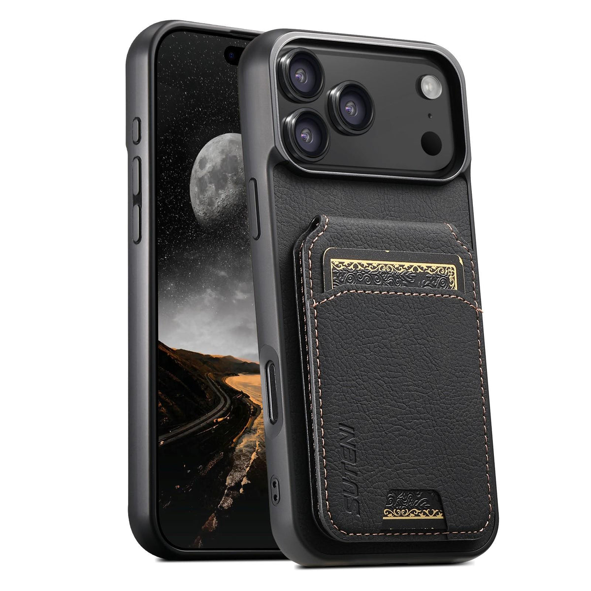 Compatible with iPhone 18 Pro Max Suteni H02 Litchi Leather Card Wallet Stand Back Phone Case - Black