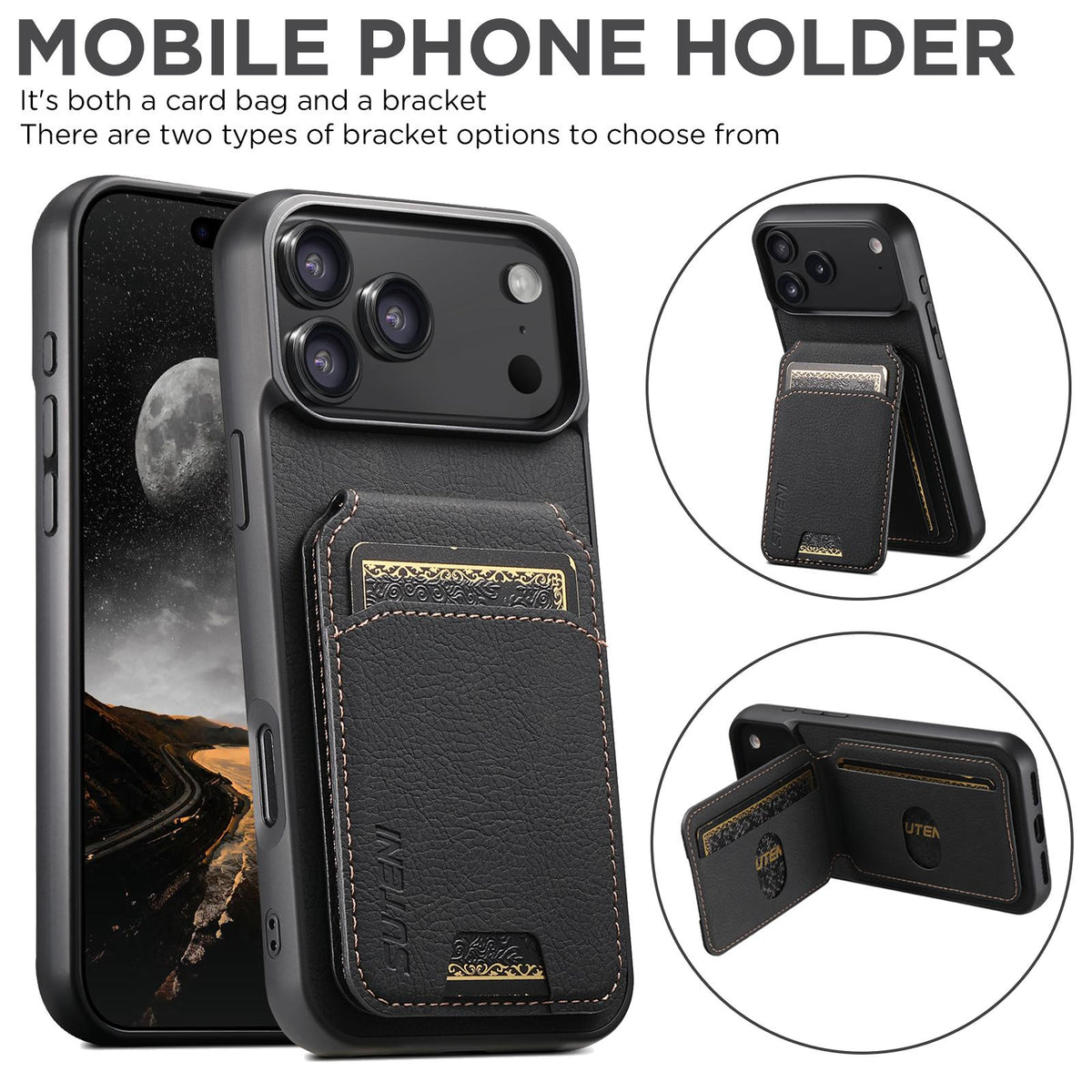 Compatible with iPhone 18 Pro Max Suteni H02 Litchi Leather Card Wallet Stand Back Phone Case - Black