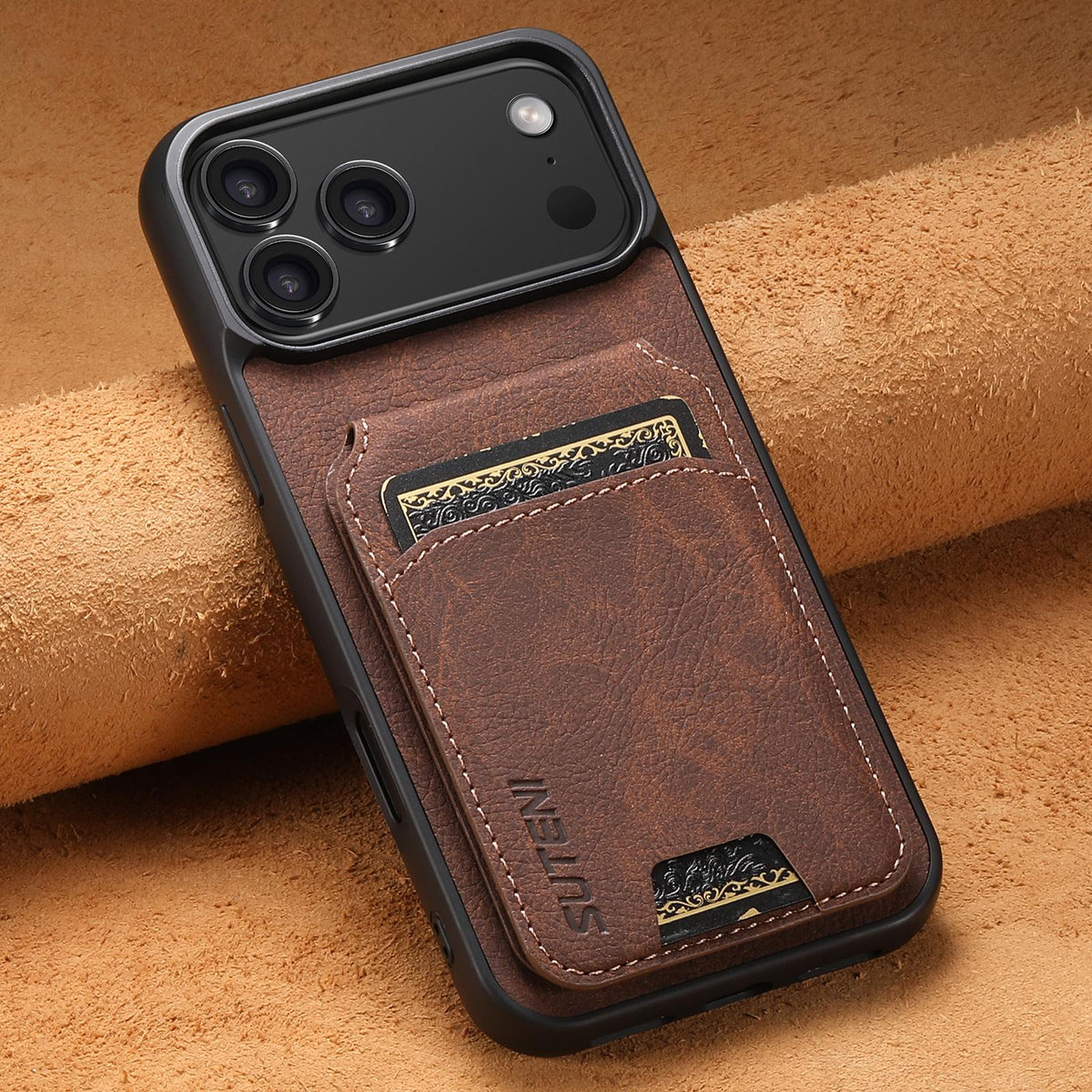 Compatible with iPhone 18 Pro Max Suteni H02 Litchi Leather Card Wallet Stand Back Phone Case - Brown