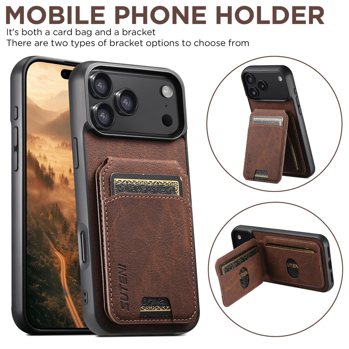 Compatible with iPhone 18 Pro Max Suteni H02 Litchi Leather Card Wallet Stand Back Phone Case - Brown