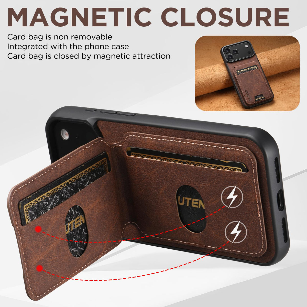 Compatible with iPhone 18 Pro Max Suteni H02 Litchi Leather Card Wallet Stand Back Phone Case - Brown