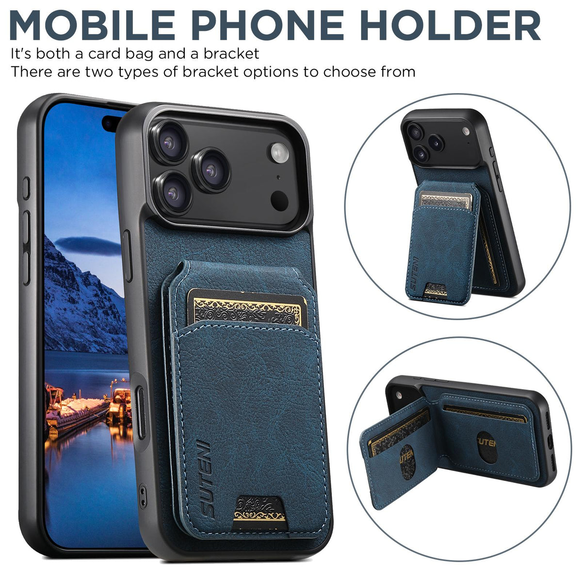 Compatible with iPhone 18 Pro Max Suteni H02 Litchi Leather Card Wallet Stand Back Phone Case - Blue