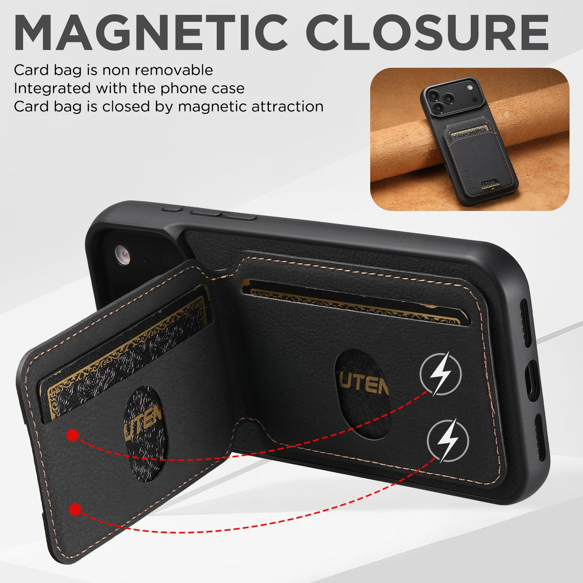 Compatible with iPhone 18 Pro Suteni H02 Litchi Leather Card Wallet Stand Back Phone Case - Black