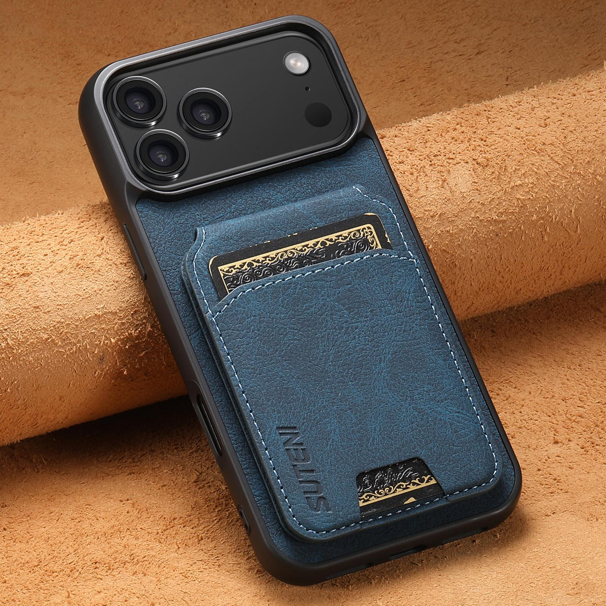 Compatible with iPhone 18 Pro Suteni H02 Litchi Leather Card Wallet Stand Back Phone Case - Blue