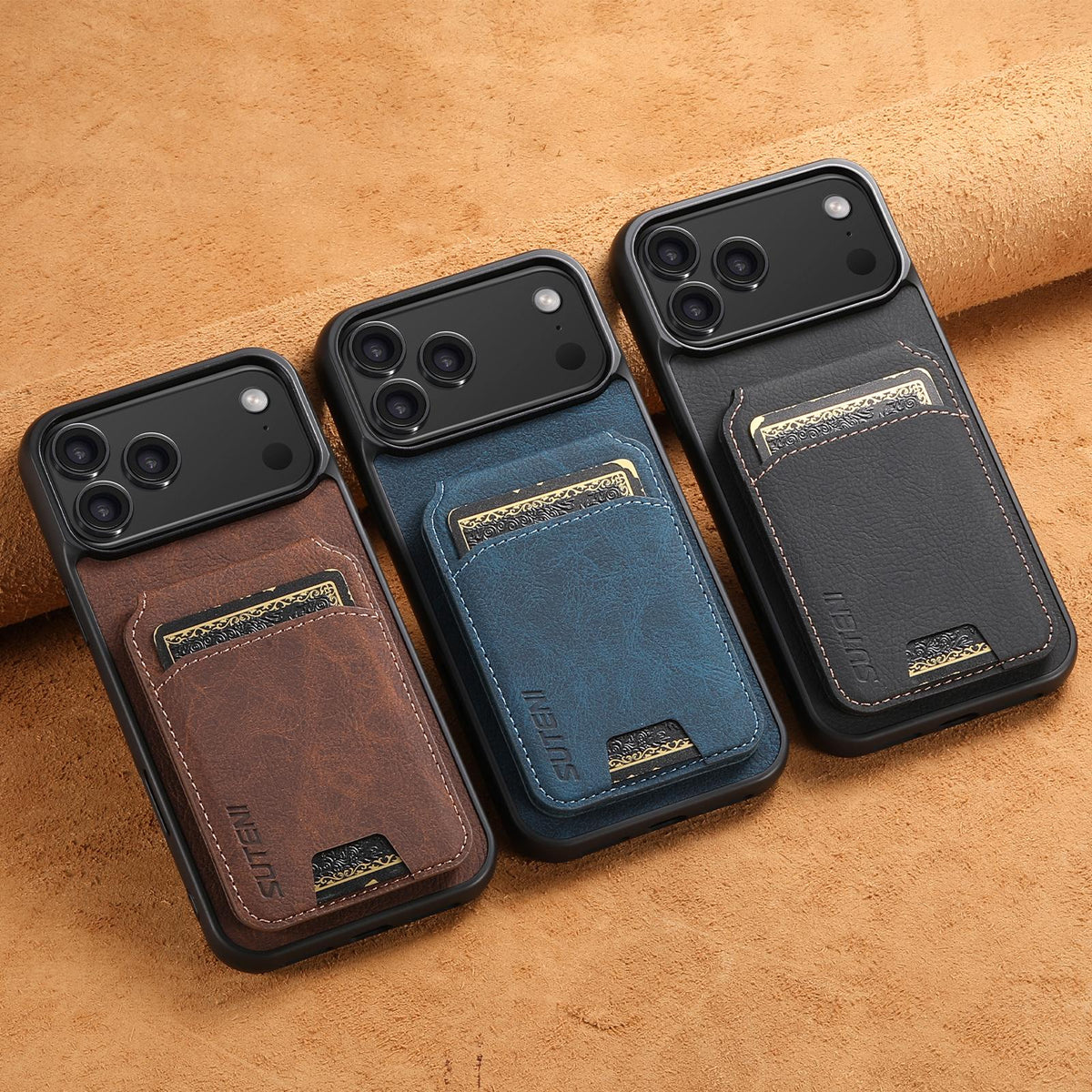 Compatible with iPhone 18 Pro Max Suteni H02 Litchi Leather Card Wallet Stand Back Phone Case - Black
