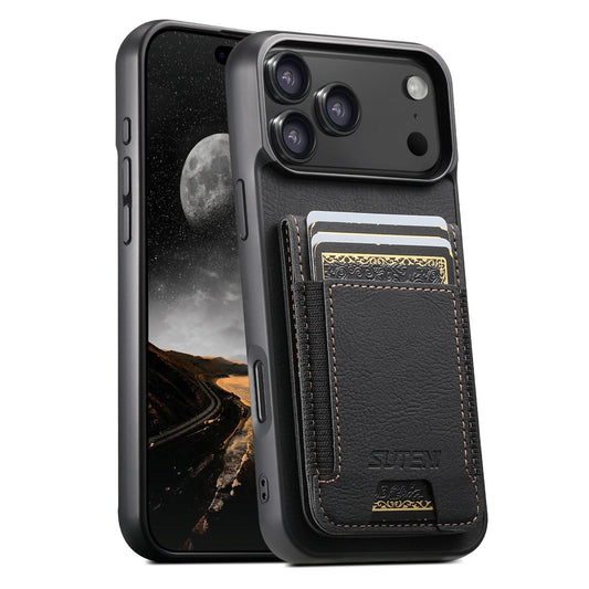 Compatible with iPhone 18 Pro Max Suteni H03 Litchi Leather Card Bag Stand Back Phone Case - Black