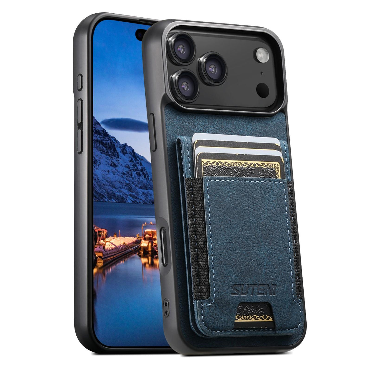 Compatible with iPhone 18 Pro Max Suteni H03 Litchi Leather Card Bag Stand Back Phone Case - Blue