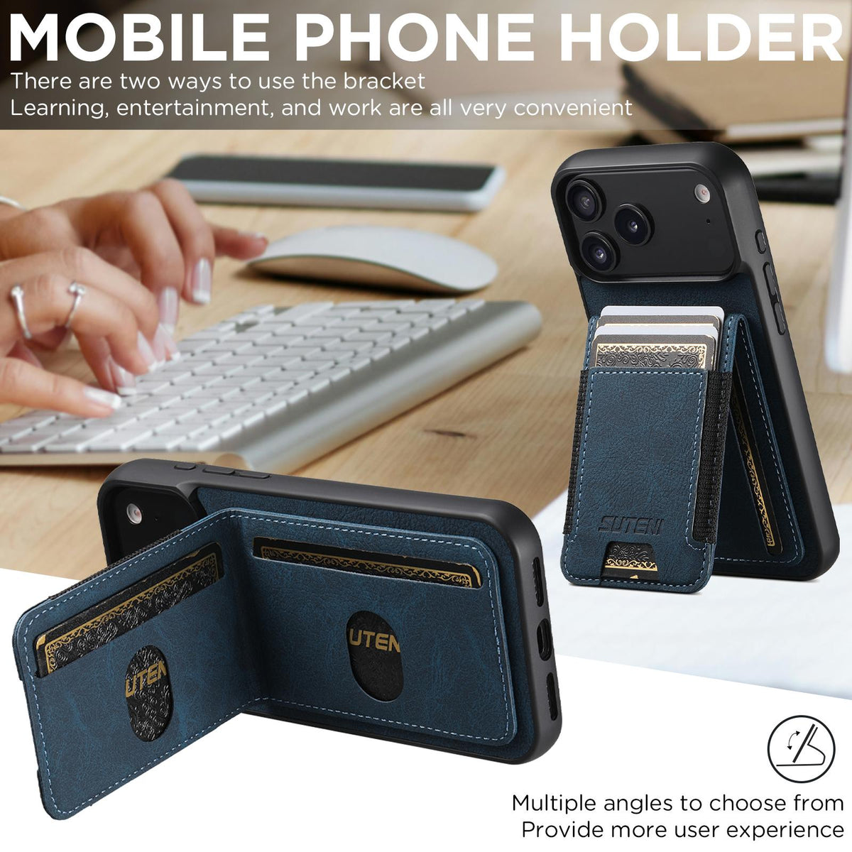 Compatible with iPhone 18 Pro Suteni H03 Litchi Leather Card Bag Stand Back Phone Case - Blue