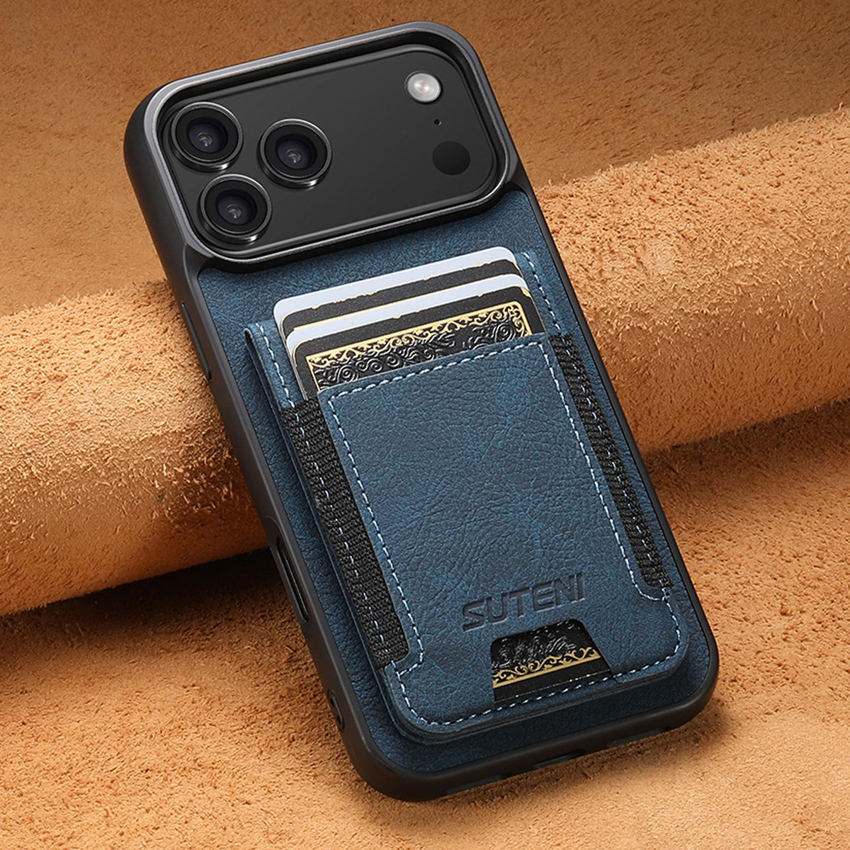 Compatible with iPhone 18 Pro Suteni H03 Litchi Leather Card Bag Stand Back Phone Case - Blue