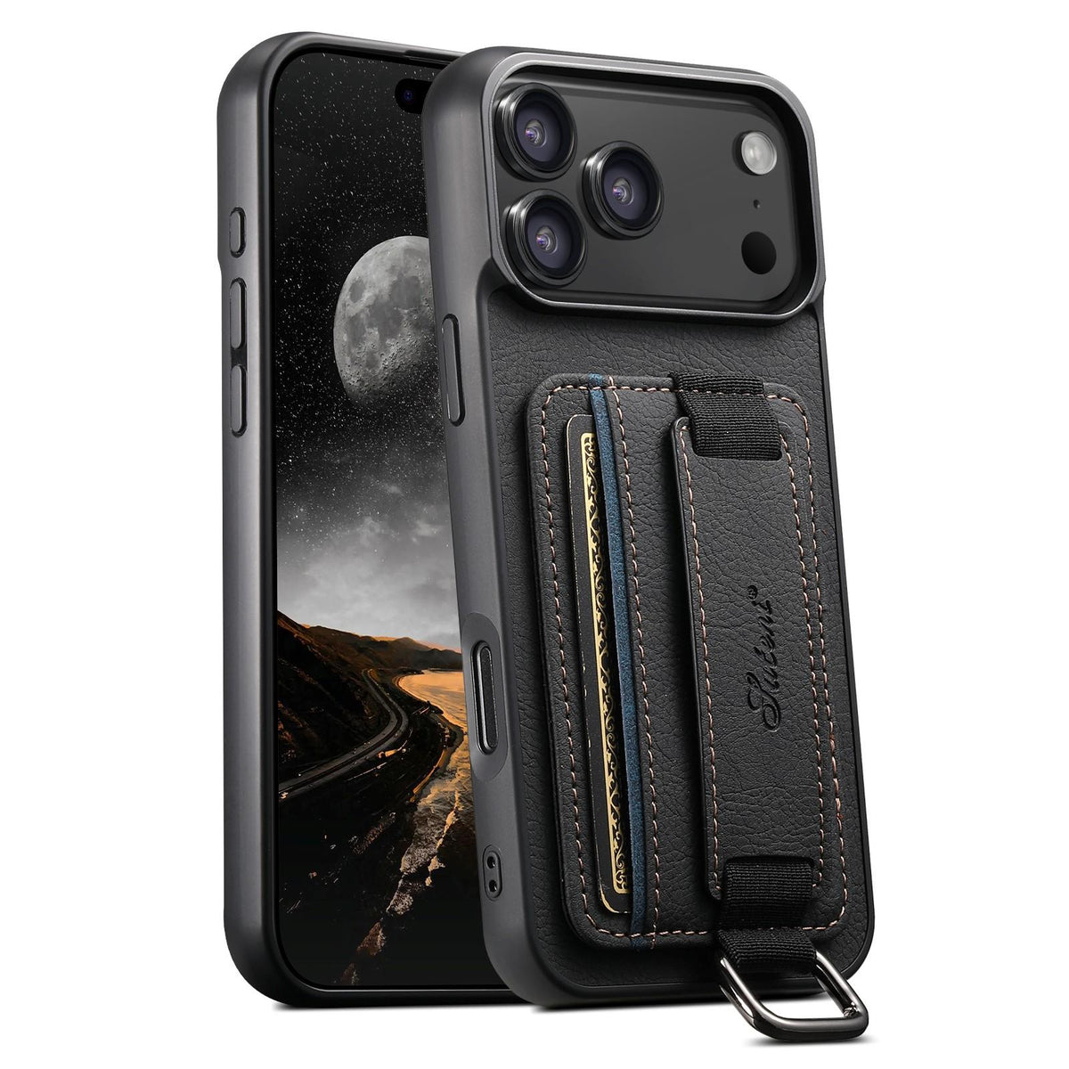 Compatible with iPhone 18 Pro Max Suteni H13 Litchi Leather Wrist Strap Wallet Back Phone Case - Black