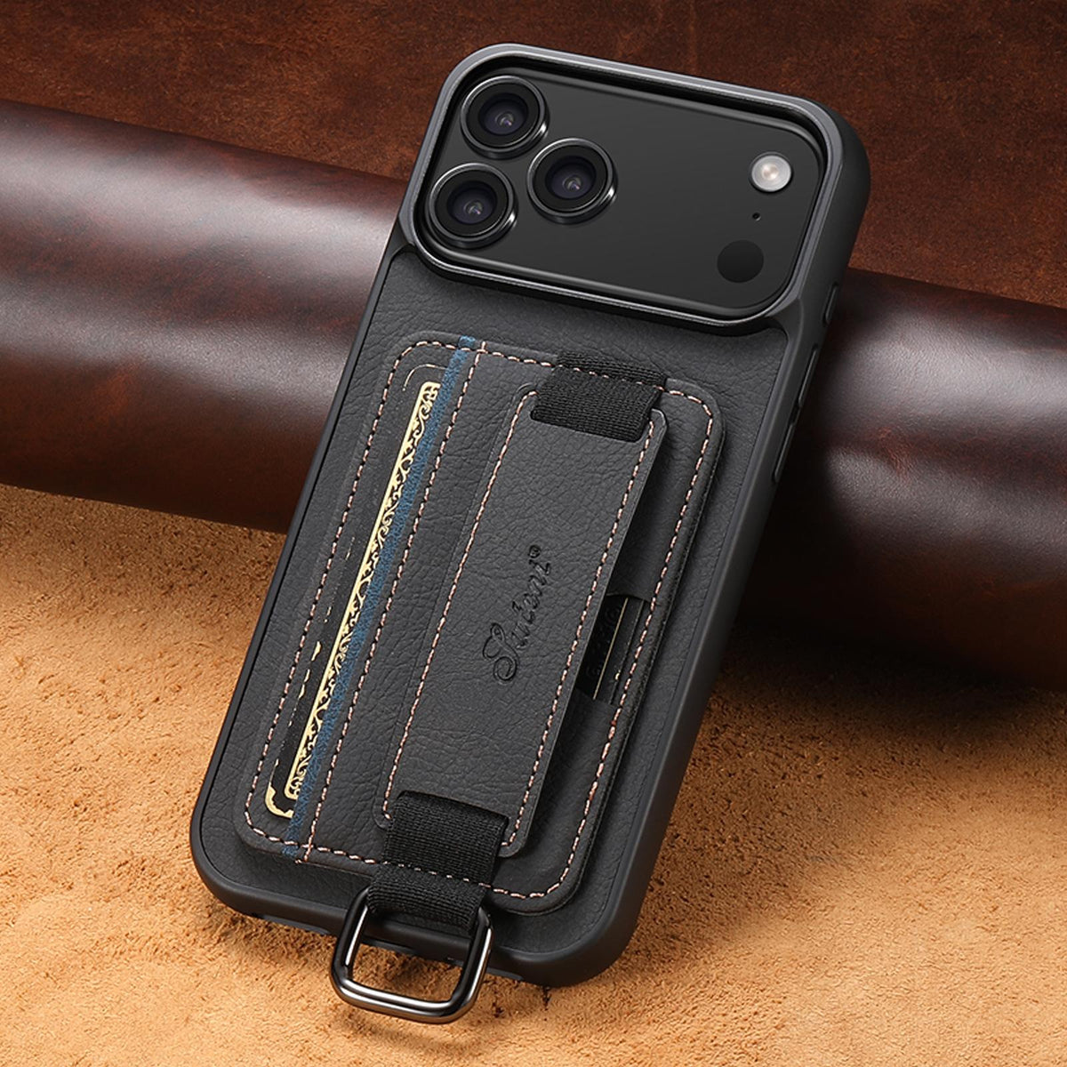 Compatible with iPhone 18 Pro Max Suteni H13 Litchi Leather Wrist Strap Wallet Back Phone Case - Black