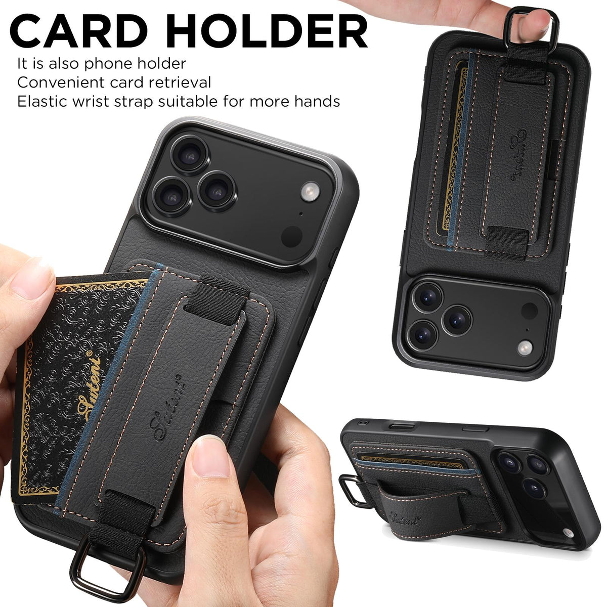 Compatible with iPhone 18 Pro Max Suteni H13 Litchi Leather Wrist Strap Wallet Back Phone Case - Black