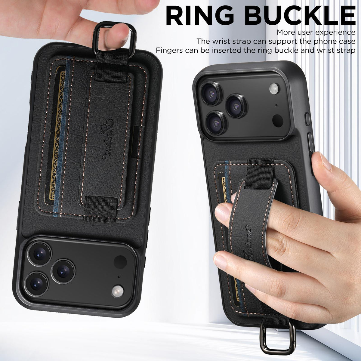 Compatible with iPhone 18 Pro Max Suteni H13 Litchi Leather Wrist Strap Wallet Back Phone Case - Black