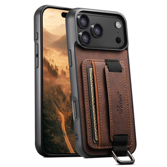 Compatible with iPhone 18 Pro Max Suteni H13 Litchi Leather Wrist Strap Wallet Back Phone Case - Brown