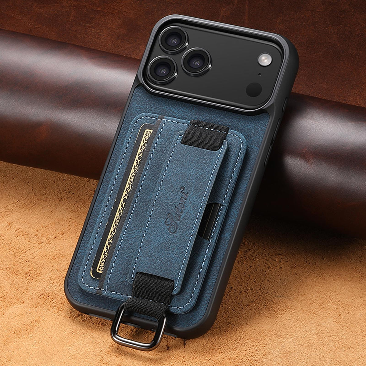 Compatible with iPhone 18 Pro Max Suteni H13 Litchi Leather Wrist Strap Wallet Back Phone Case - Blue