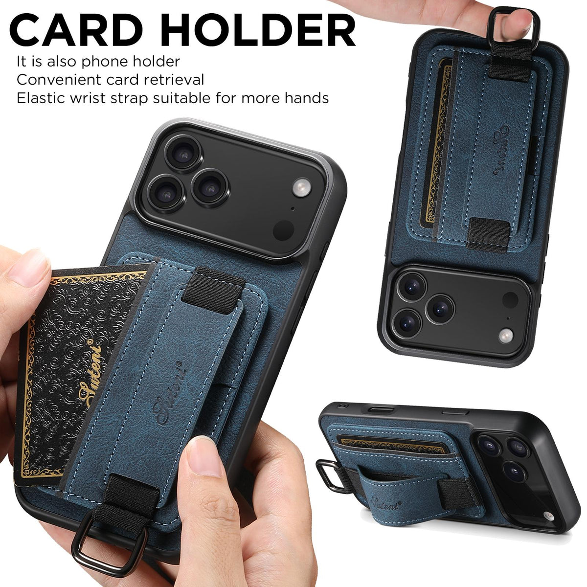 Compatible with iPhone 18 Pro Suteni H13 Litchi Leather Wrist Strap Wallet Back Phone Case - Blue