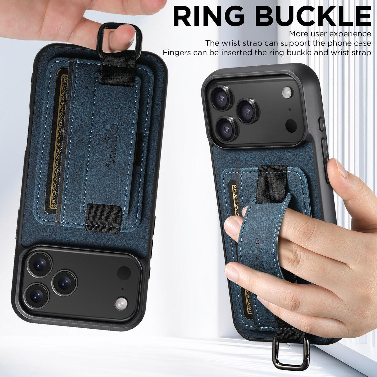 Compatible with iPhone 18 Pro Suteni H13 Litchi Leather Wrist Strap Wallet Back Phone Case - Blue