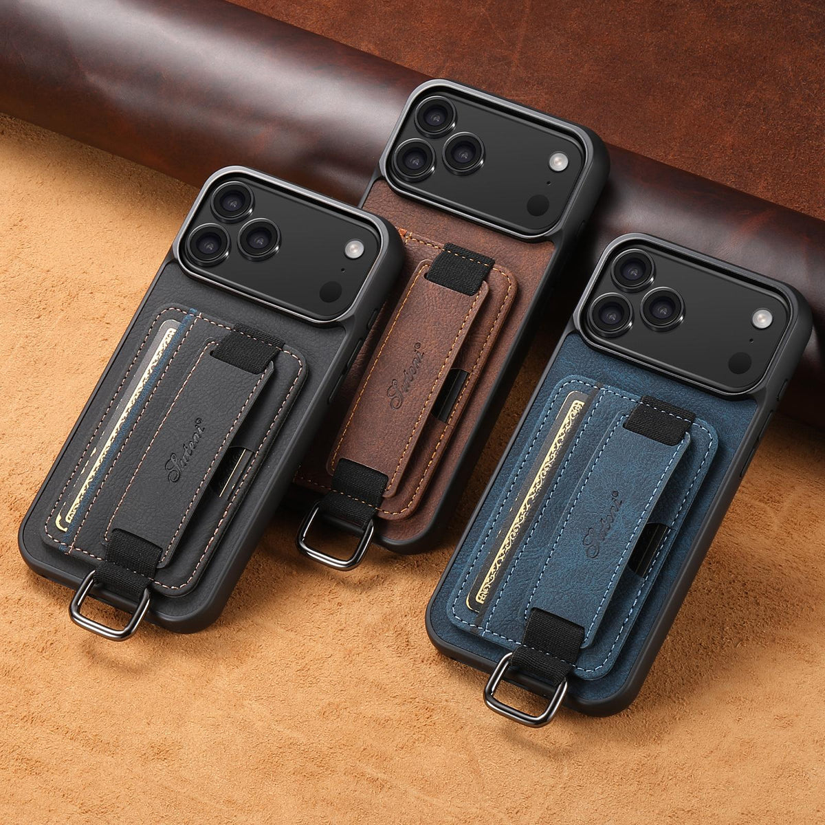 Compatible with iPhone 18 Pro Suteni H13 Litchi Leather Wrist Strap Wallet Back Phone Case - Blue