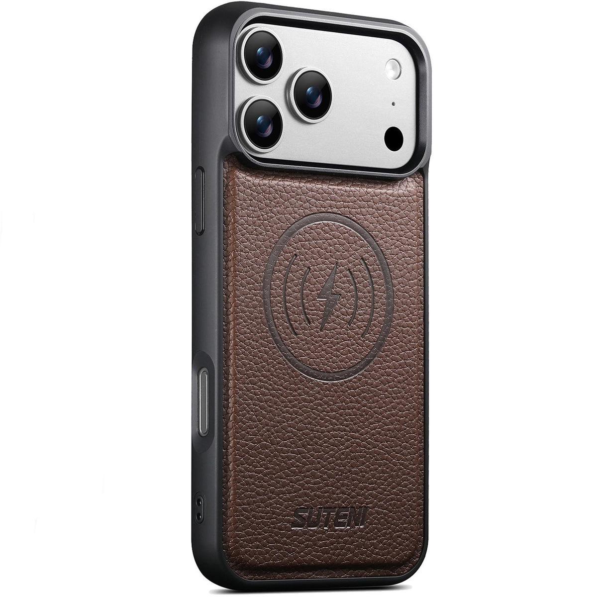 Compatible with iPhone 18 Pro Max Suteni G5 Large Litchi Texture Vegan Leather Magnetic Back Phone Case - Brown