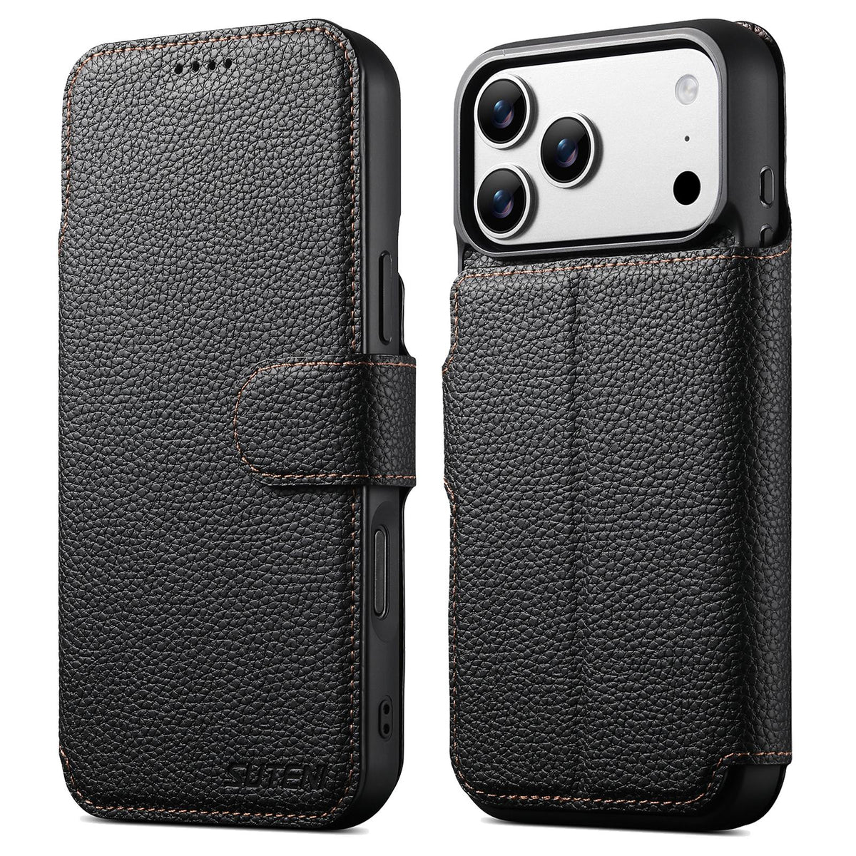 Compatible with iPhone 18 Pro Max Suteni Q05 -in-1 Multi-function MagSafe Wallet Big Litchi Leather Phone Case - Black