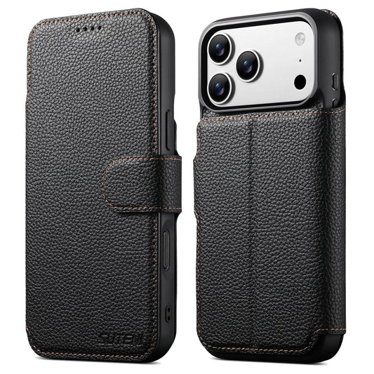 Compatible with iPhone 18 Pro Max Suteni Q05 -in-1 Multi-function MagSafe Wallet Big Litchi Leather Phone Case - Black
