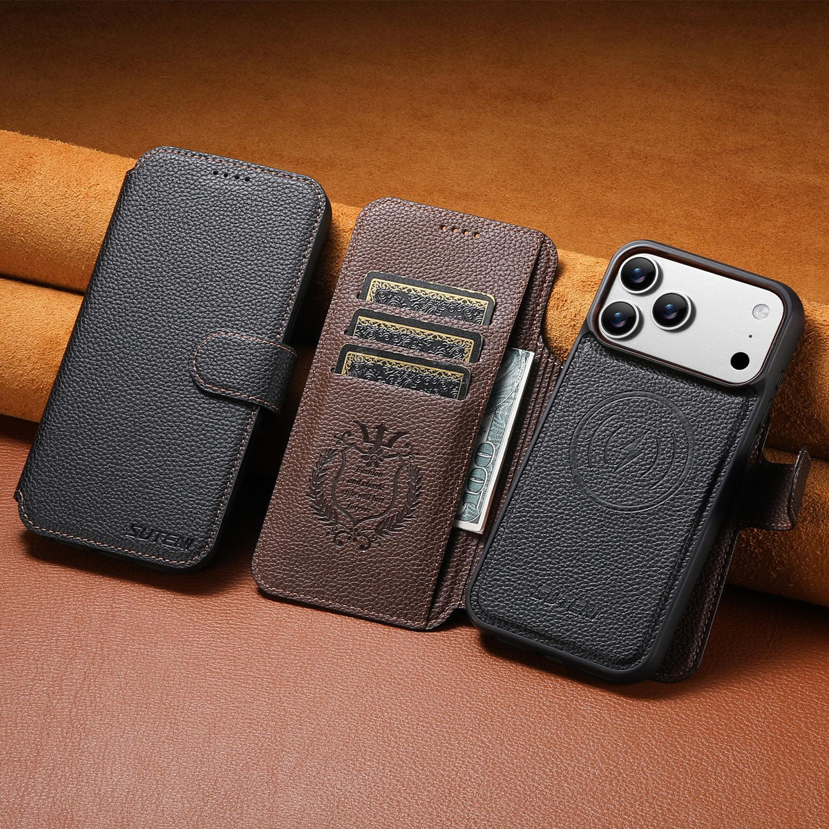 Compatible with iPhone 18 Pro Max Suteni Q05 -in-1 Multi-function MagSafe Wallet Big Litchi Leather Phone Case - Black