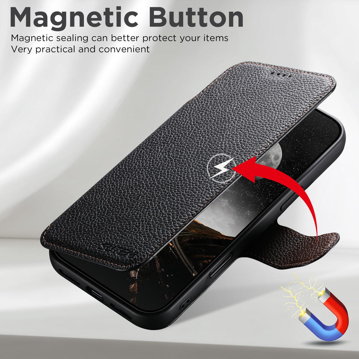 Compatible with iPhone 18 Pro Max Suteni Q05 -in-1 Multi-function MagSafe Wallet Big Litchi Leather Phone Case - Black