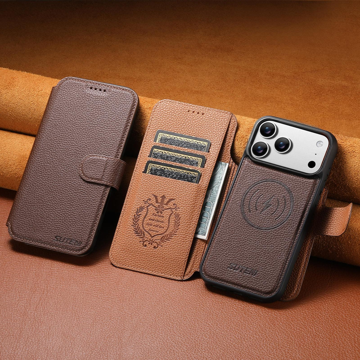 Compatible with iPhone 18 Pro Max Suteni Q05 -in-1 Multi-function MagSafe Wallet Big Litchi Leather Phone Case - Brown